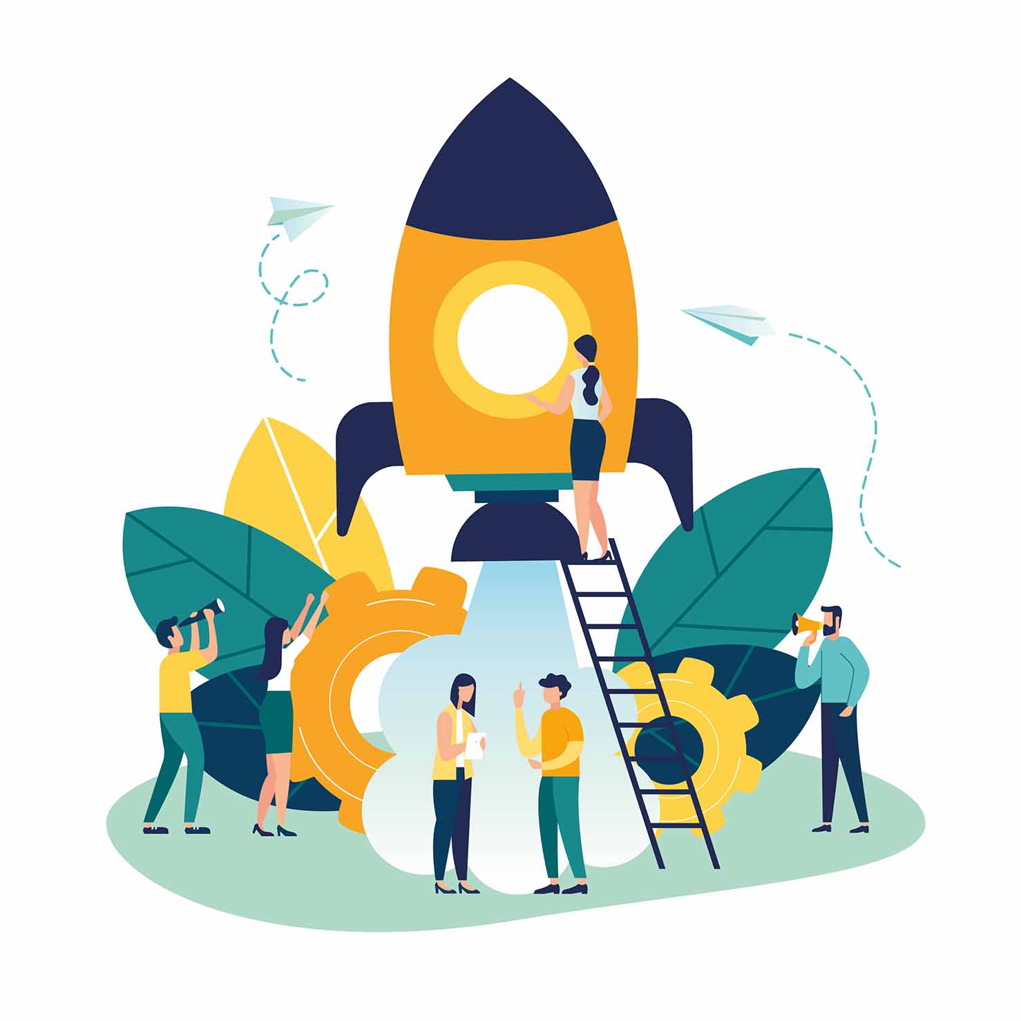 Vector,Illustration,People,Are,Building,A,Spaceship,Rocket.,Cohesive,Teamwork